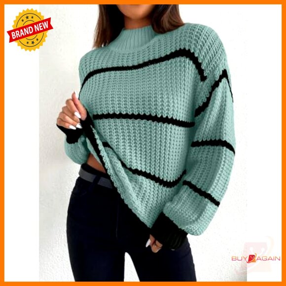 High-Neck Cropped Sweater Striped Stand-Up Collar Dropped Shoulder Knitted - Picture 3 of 7